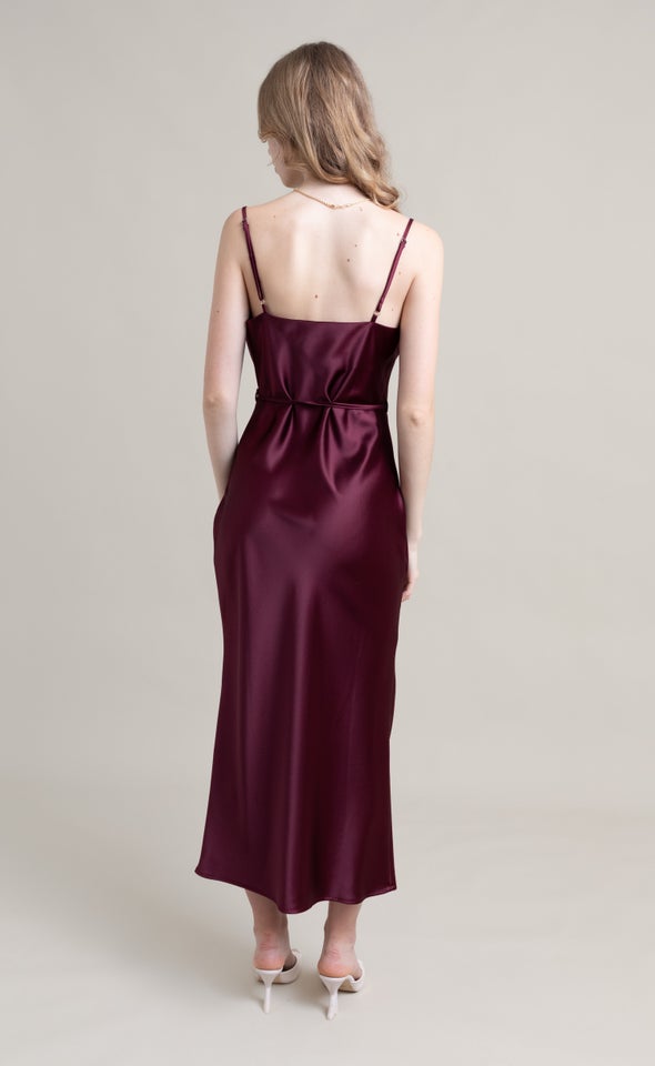 Satin Bias Cowl Slip Gown Aubergine