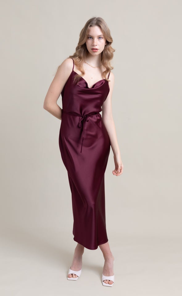 Satin Bias Cowl Slip Gown Aubergine