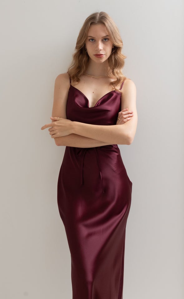 Satin Bias Cowl Slip Gown Aubergine