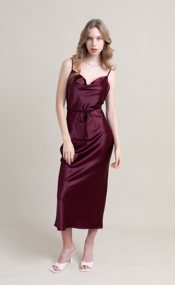 Satin Bias Cowl Slip Gown Aubergine