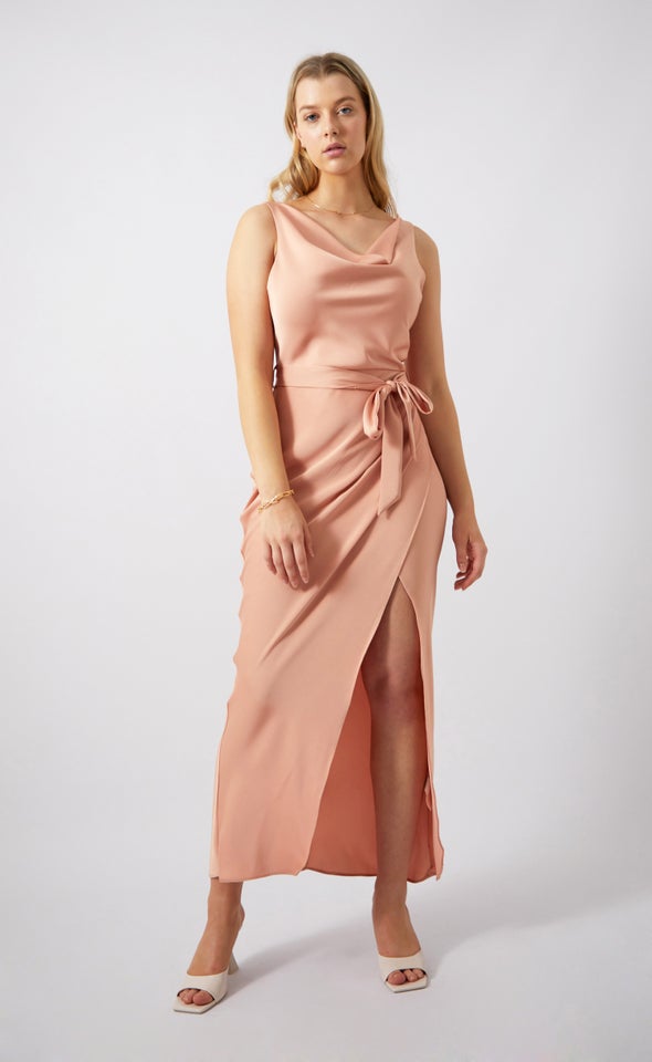 Satin Bias Cowl Wrap Gown Dusky Pink