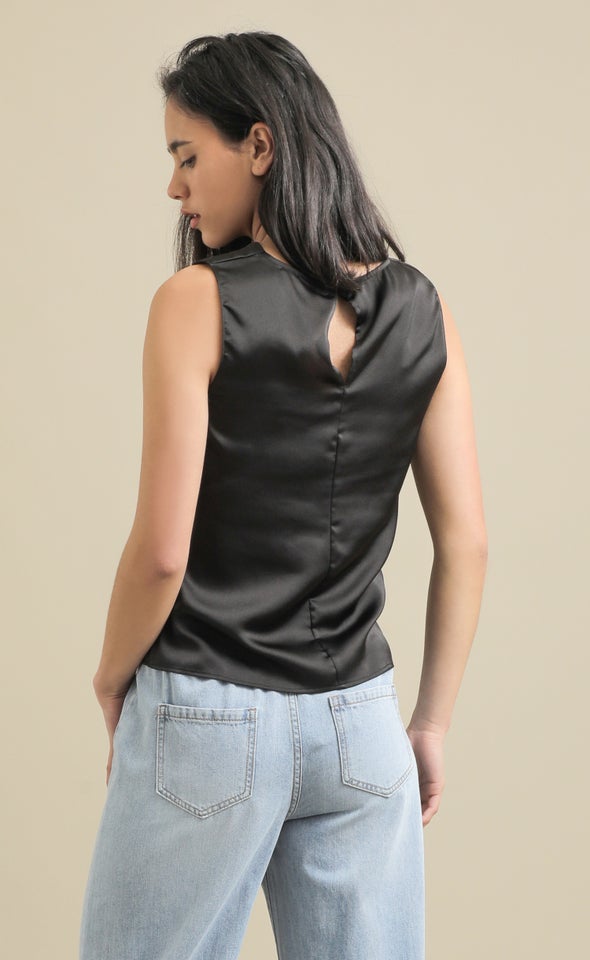Satin Bias High Cowl Top Black