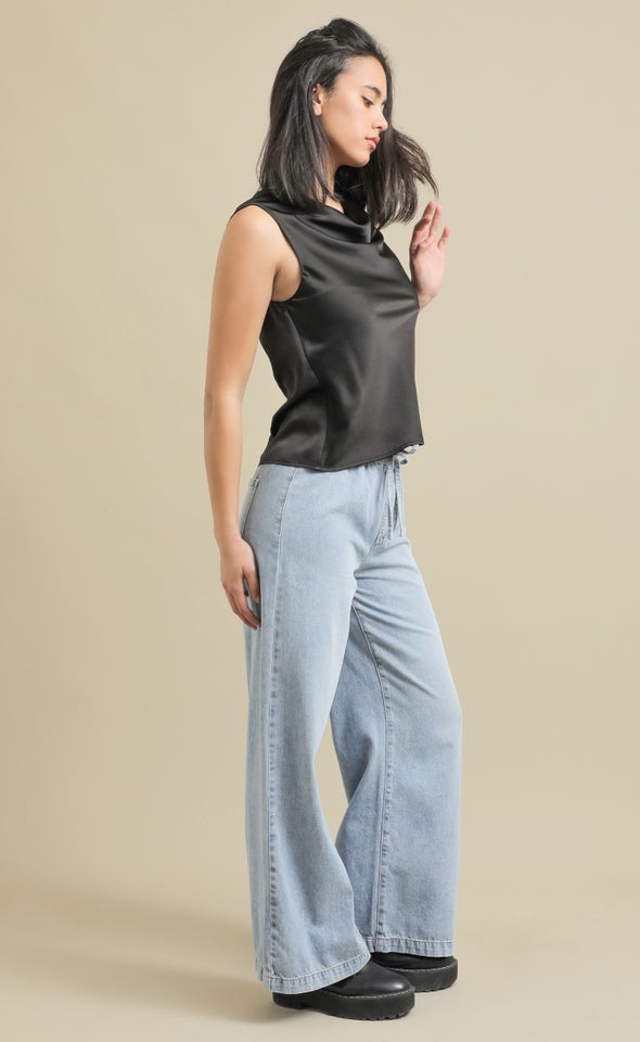 Satin Bias High Cowl Top Black
