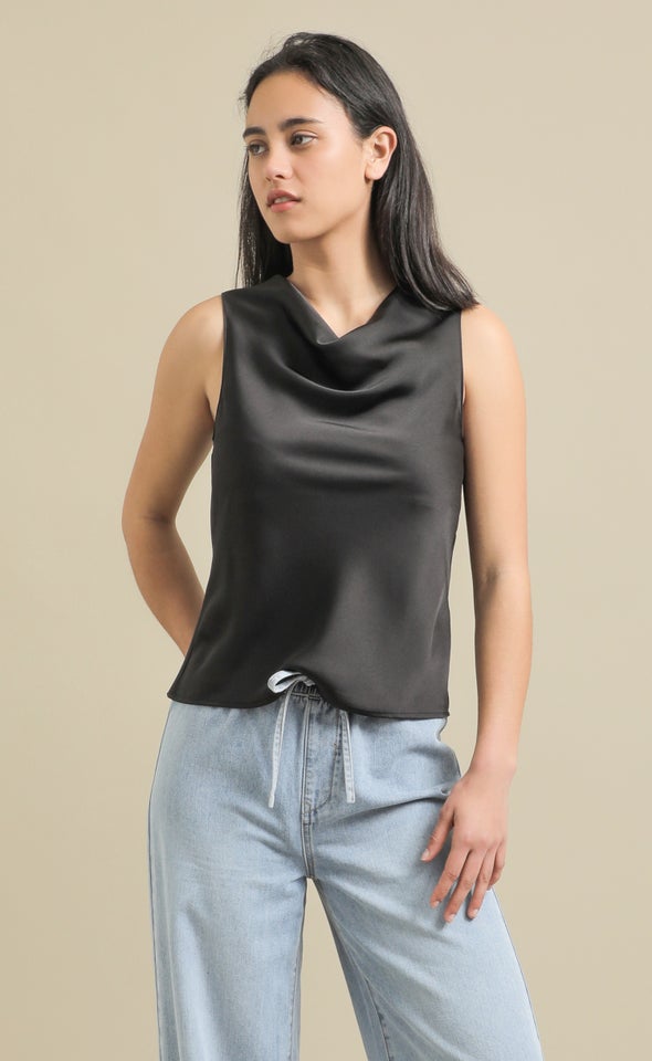 Satin Bias High Cowl Top Black