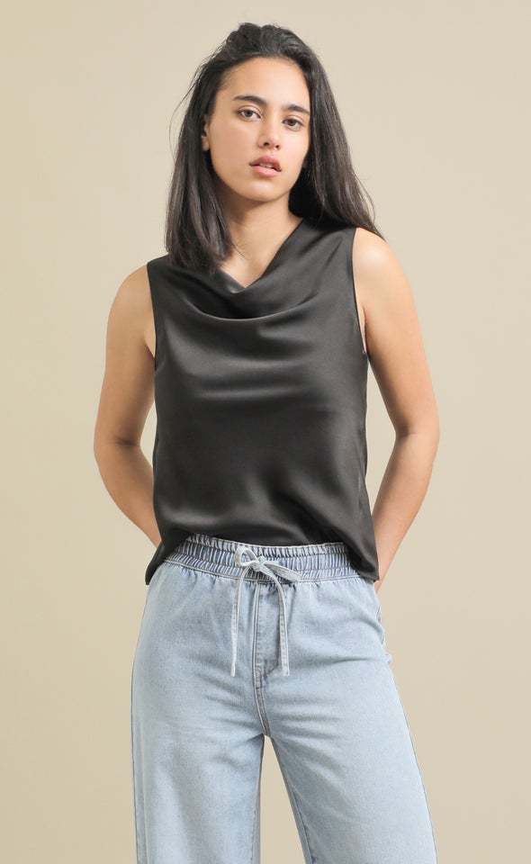 Satin Bias High Cowl Top Black