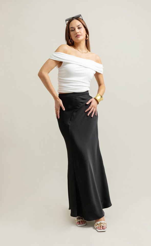 Satin Bias Maxi Skirt Black