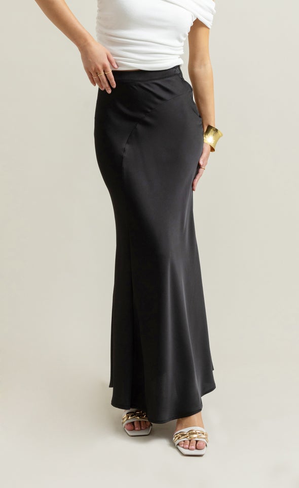 Satin Bias Maxi Skirt Black