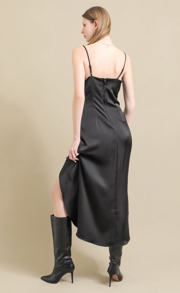 Satin Bias Pleat Detail Gown Black