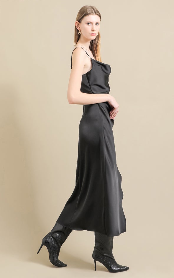 Satin Bias Pleat Detail Gown Black