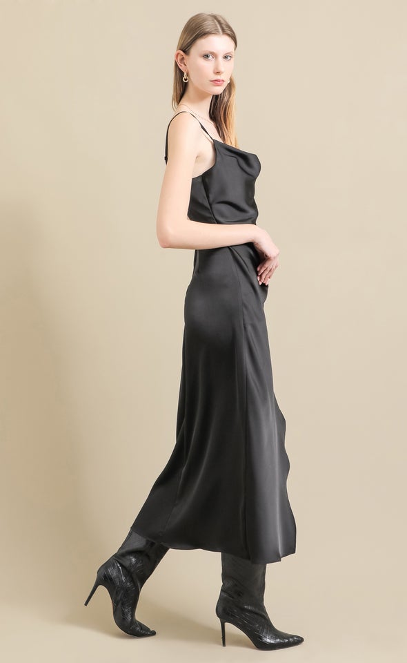 Satin Bias Pleat Detail Gown Black