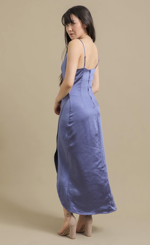 Satin Bias Pleat Detail Gown Blue Heather