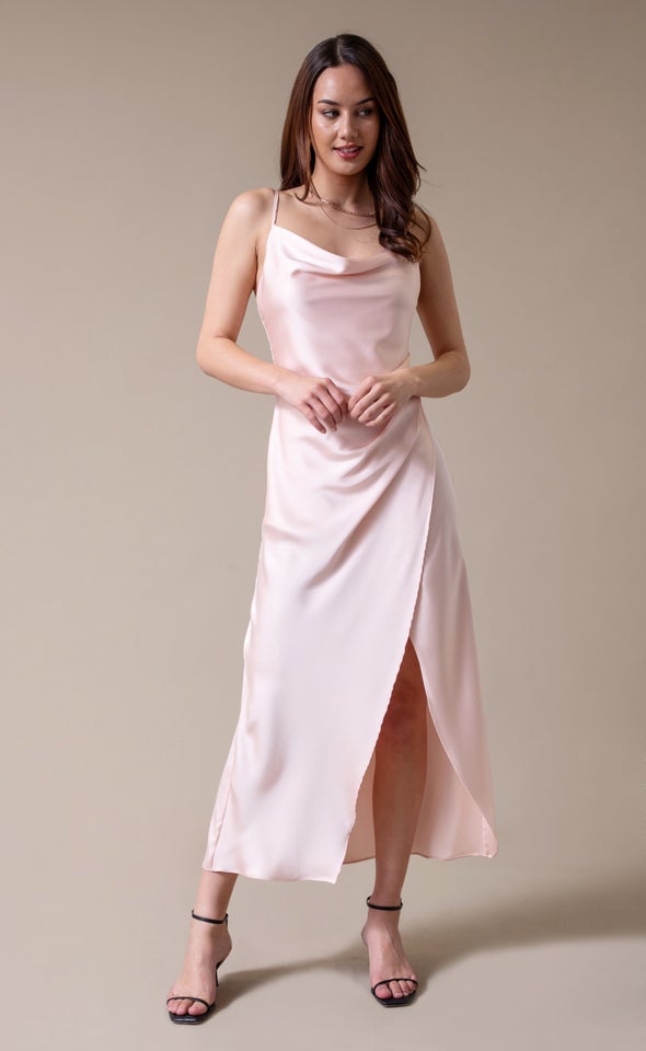 Satin Bias Pleat Detail Gown Blush