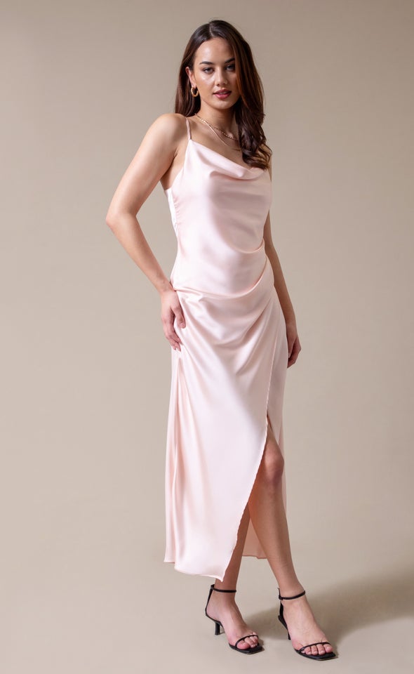 Satin Bias Pleat Detail Gown Blush