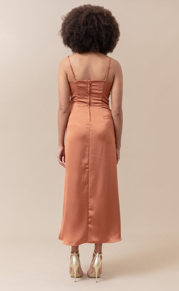 Satin Bias Pleat Detail Gown Copper