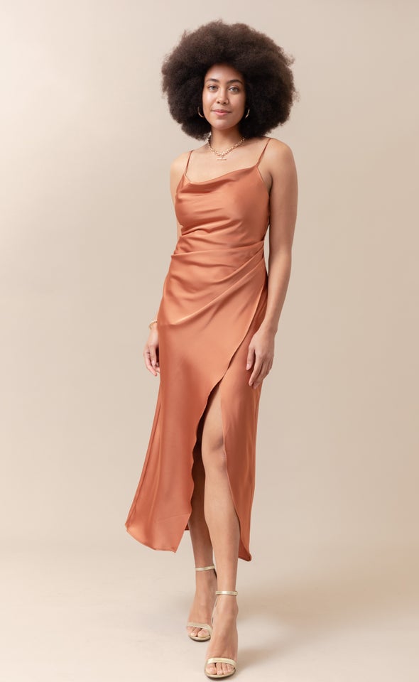 Satin Bias Pleat Detail Gown Copper