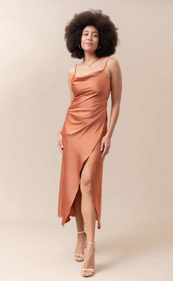 Satin Bias Pleat Detail Gown Copper
