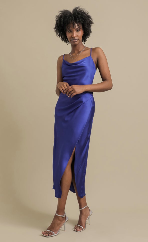 Satin Bias Pleat Detail Gown Cornflower Blue