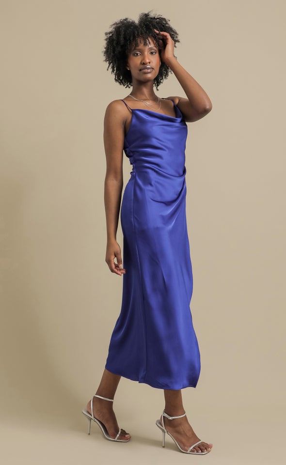 Satin Bias Pleat Detail Gown Cornflower Blue