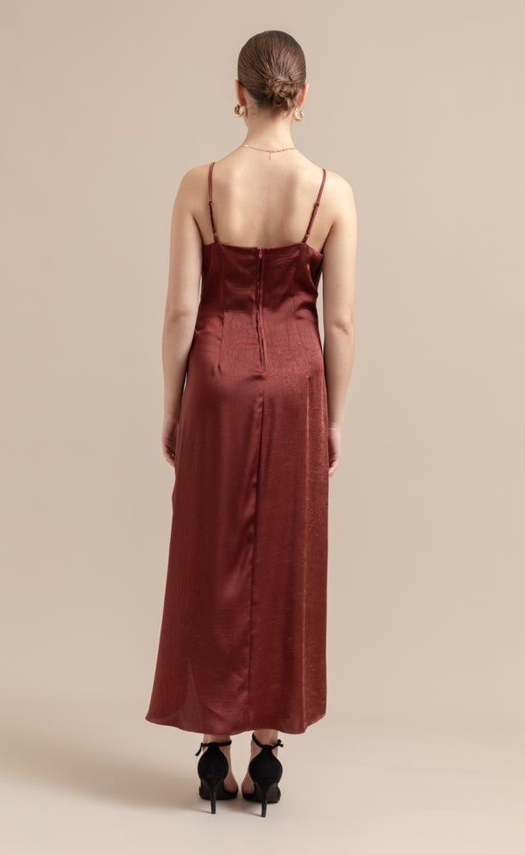 Satin Bias Pleat Detail Gown Dark Maroon