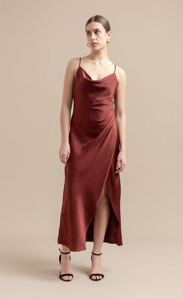 Satin Bias Pleat Detail Gown Dark Maroon