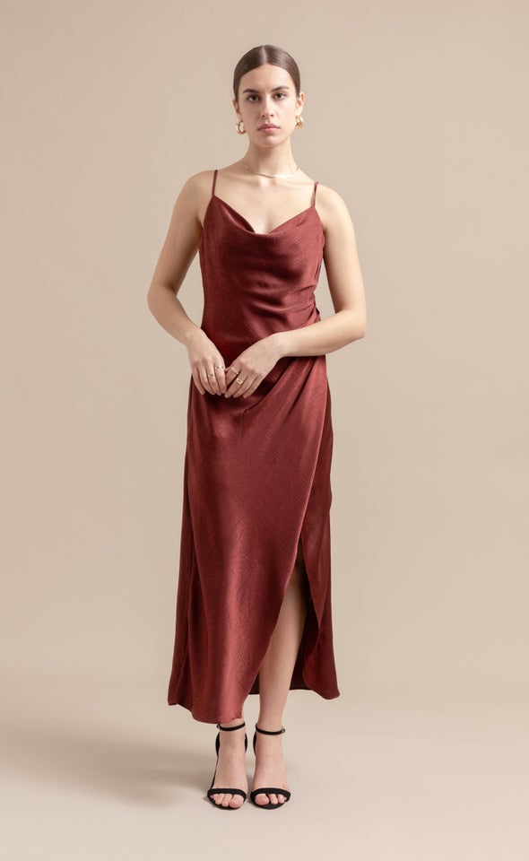 Satin Bias Pleat Detail Gown Dark Maroon