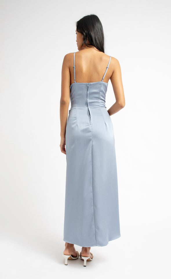 Satin Bias Pleat Detail Gown Dusky Blue