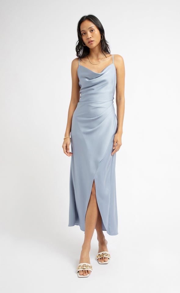 Satin Bias Pleat Detail Gown Dusky Blue