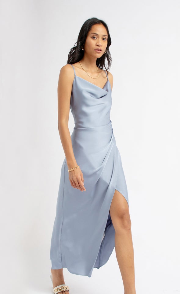 Satin Bias Pleat Detail Gown Dusky Blue