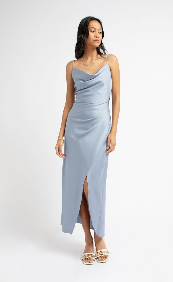 Satin Bias Pleat Detail Gown Dusky Blue