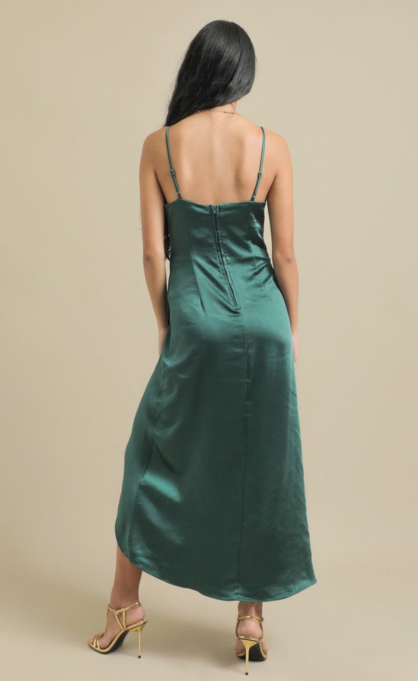 Satin Bias Pleat Detail Gown Emerald