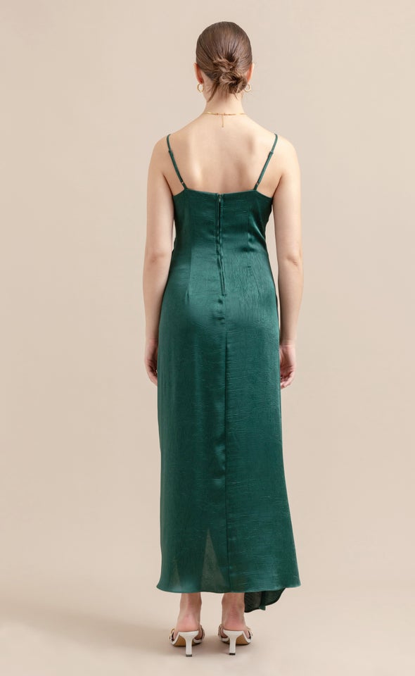 Satin Bias Pleat Detail Gown Emerald