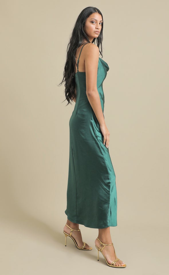 Satin Bias Pleat Detail Gown Emerald