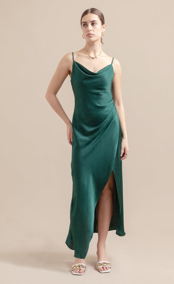 Satin Bias Pleat Detail Gown Emerald