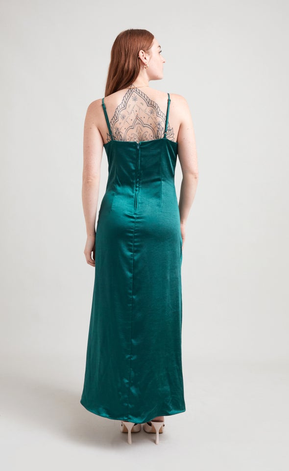 Satin Bias Pleat Detail Gown Forest Green