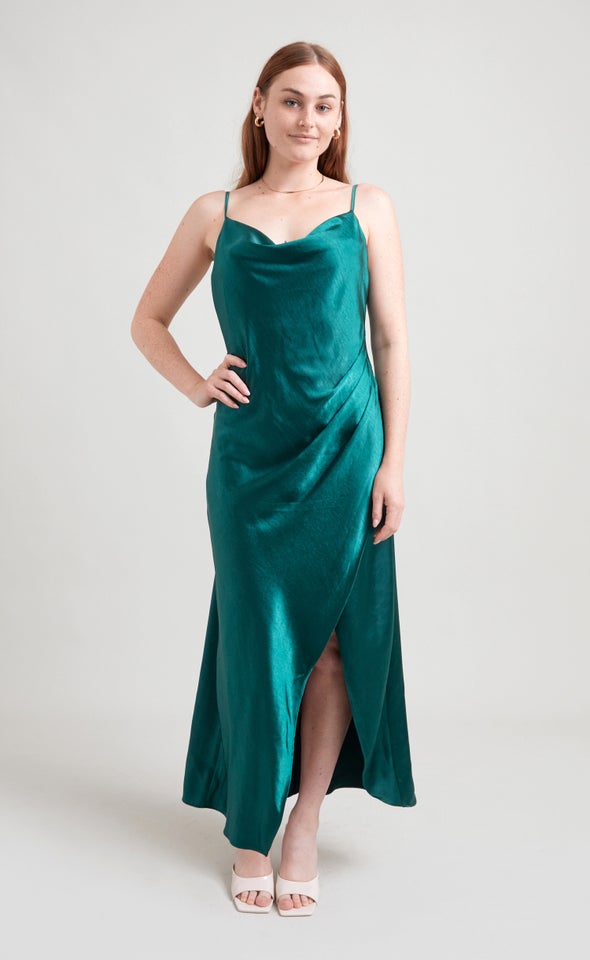 Satin Bias Pleat Detail Gown Forest Green