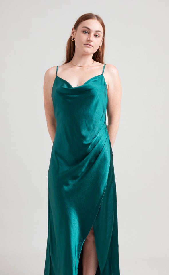 Satin Bias Pleat Detail Gown Forest Green