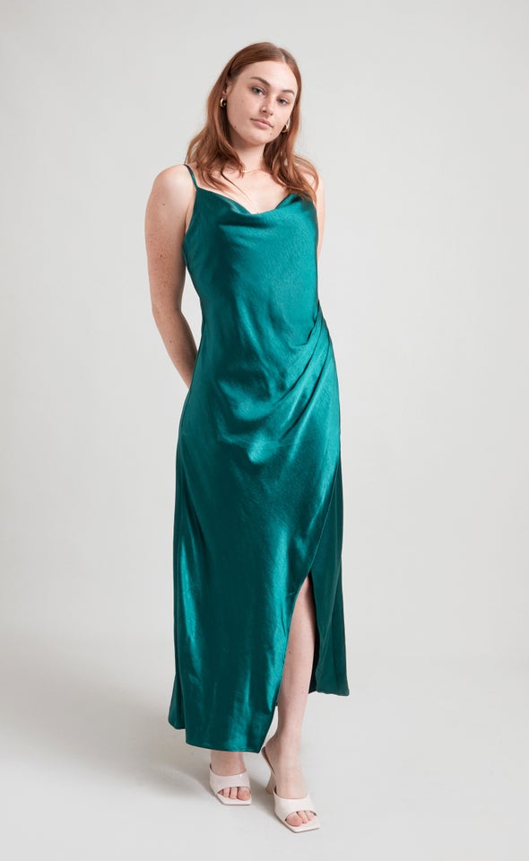 Satin Bias Pleat Detail Gown Forest Green