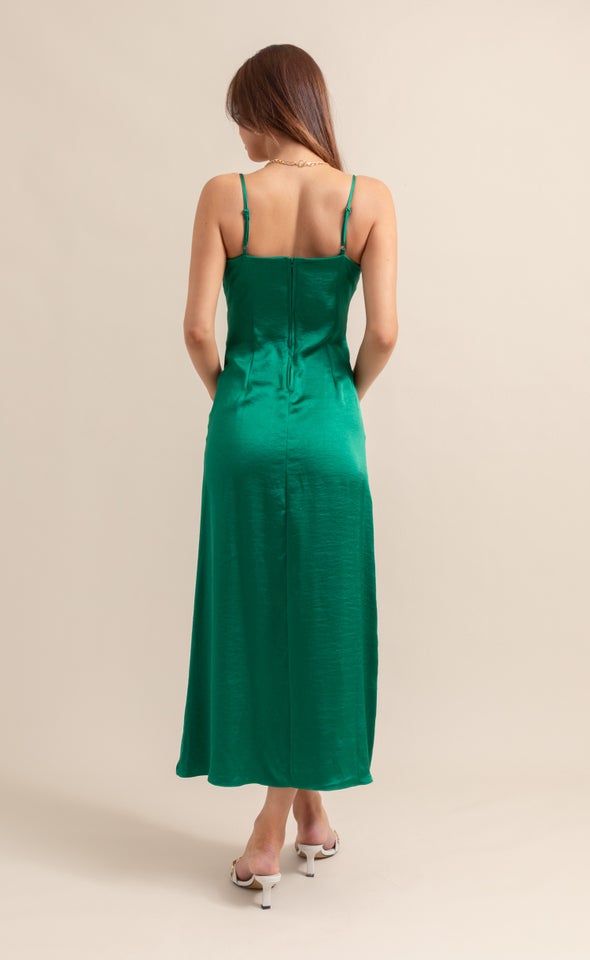 Satin Bias Pleat Detail Gown Green