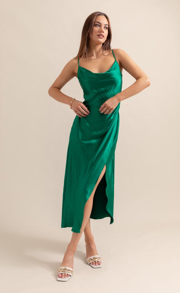 Satin Bias Pleat Detail Gown Green