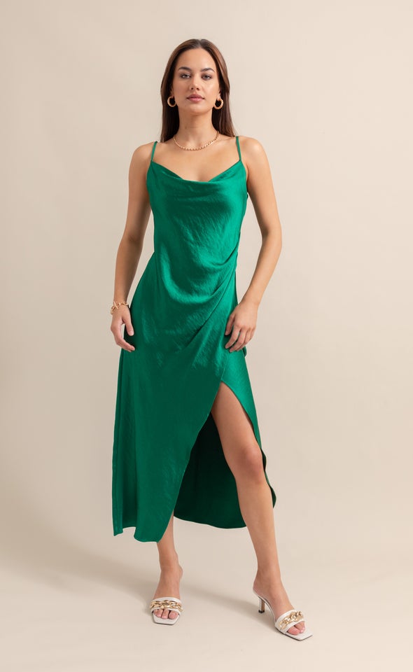 Satin Bias Pleat Detail Gown Green