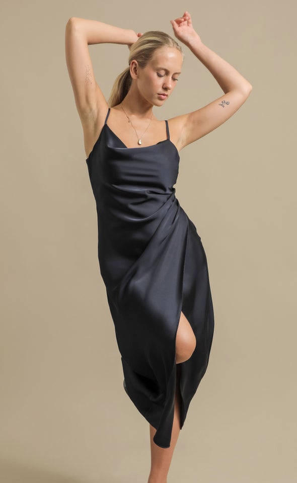 Satin Bias Pleat Detail Gown Ink