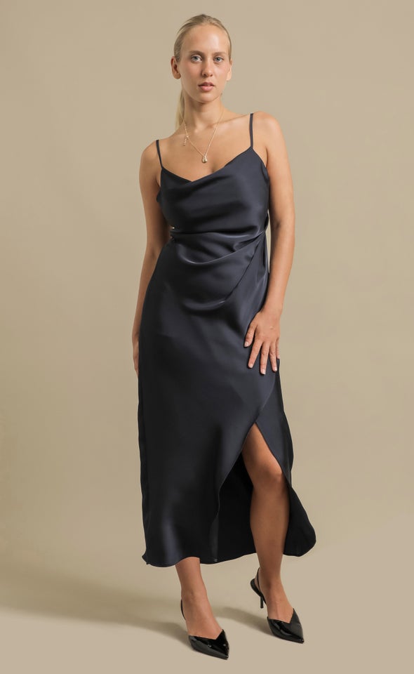 Satin Bias Pleat Detail Gown Ink