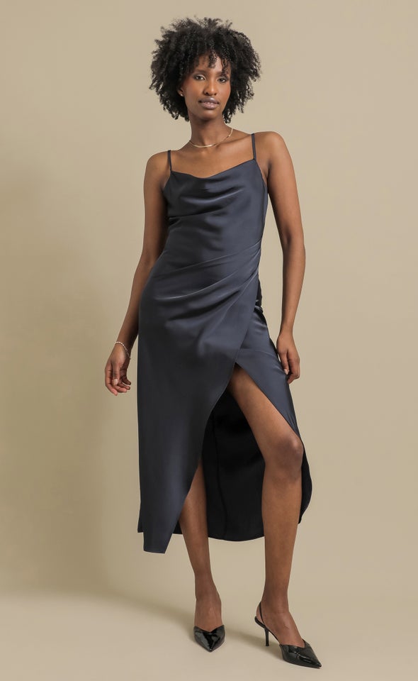 Satin Bias Pleat Detail Gown Ink