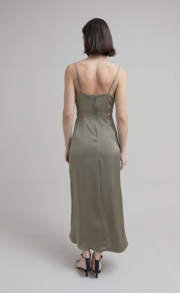 Satin Bias Pleat Detail Gown Light Khaki
