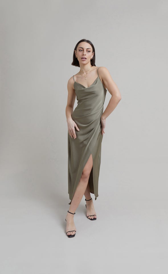 Satin Bias Pleat Detail Gown Light Khaki