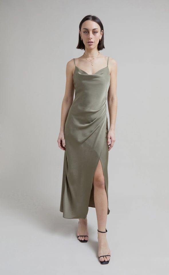 Satin Bias Pleat Detail Gown Light Khaki