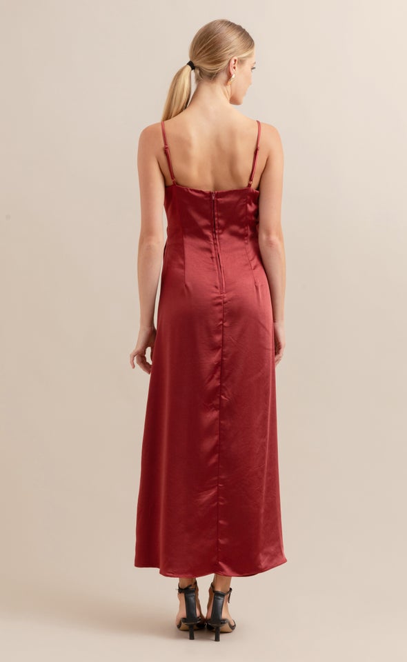 Satin Bias Pleat Detail Gown Maroon