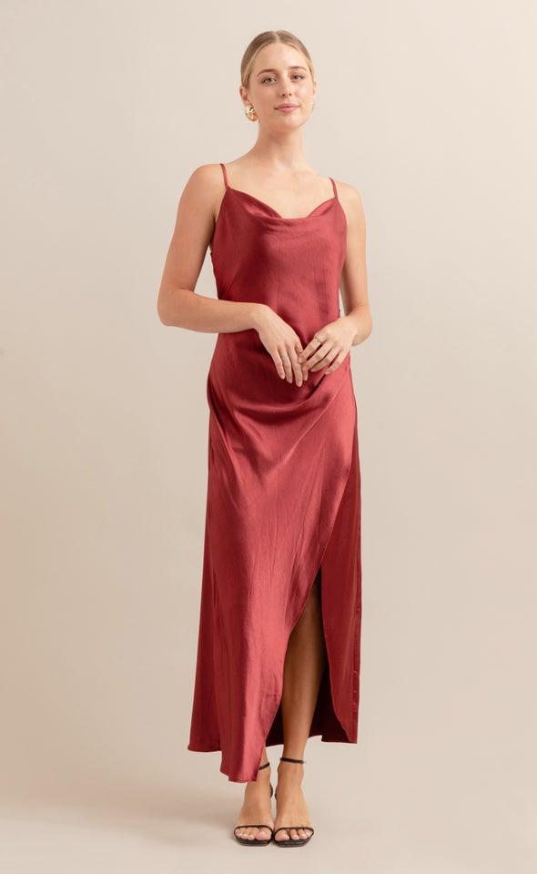 Satin Bias Pleat Detail Gown Maroon