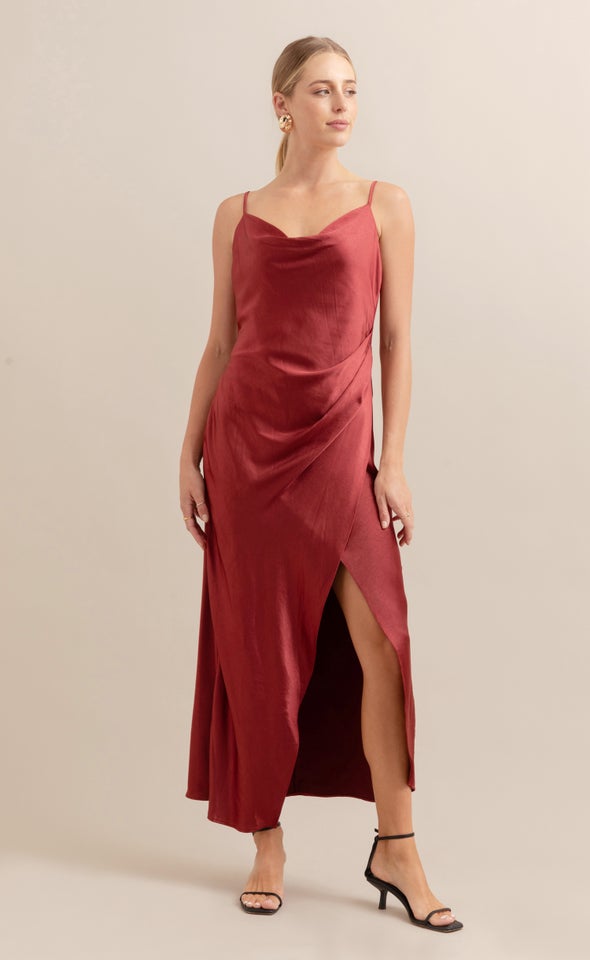 Satin Bias Pleat Detail Gown Maroon