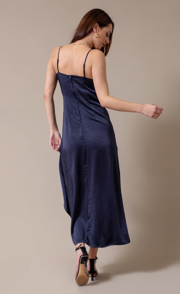 Satin Bias Pleat Detail Gown Navy